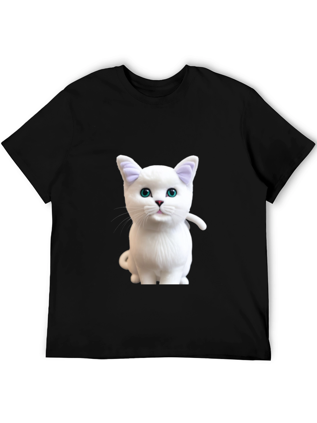 Cute White Cat Graphic Print Black T-Shirt