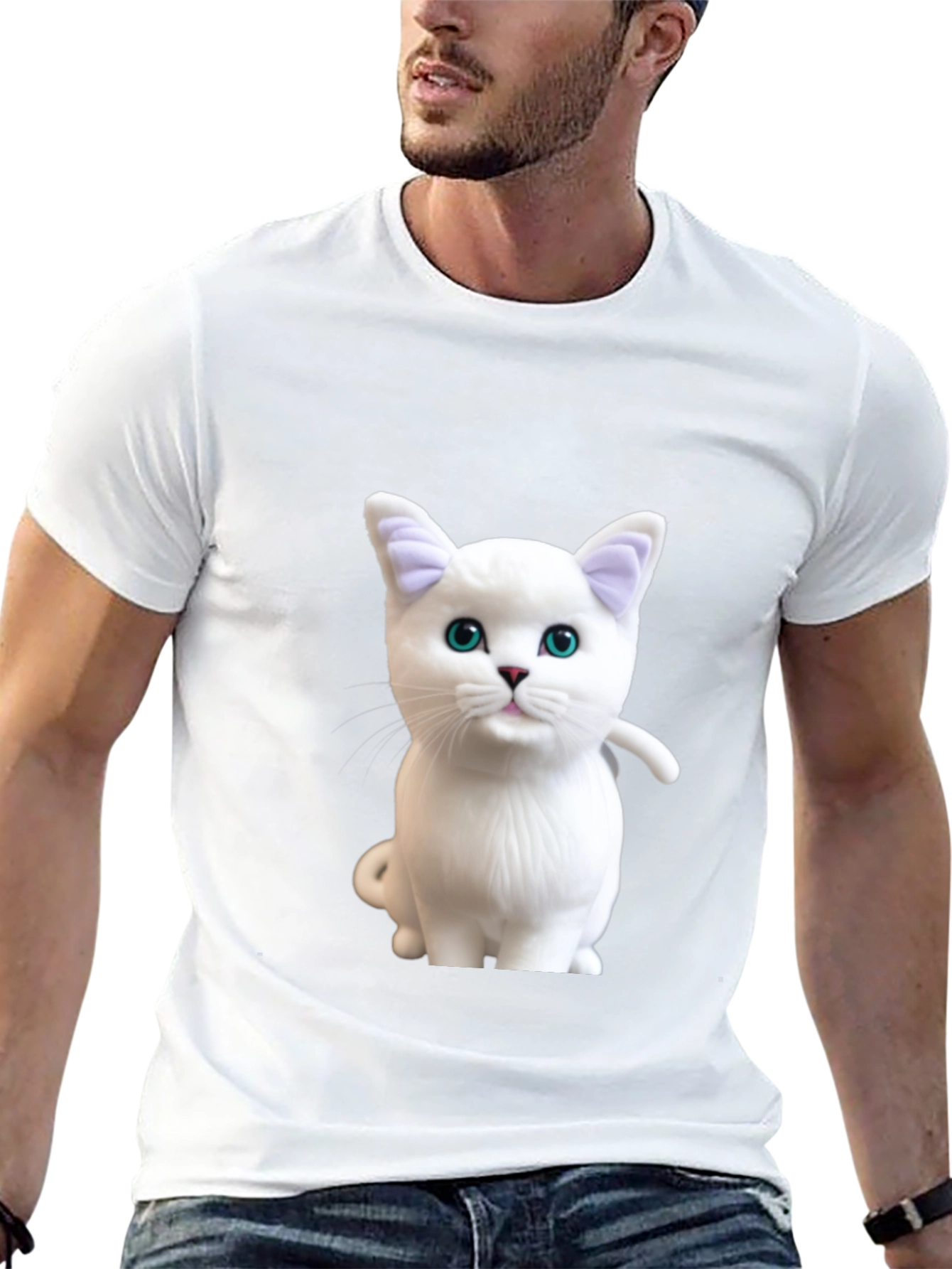 Cute White Cat Graphic Print Black T-Shirt