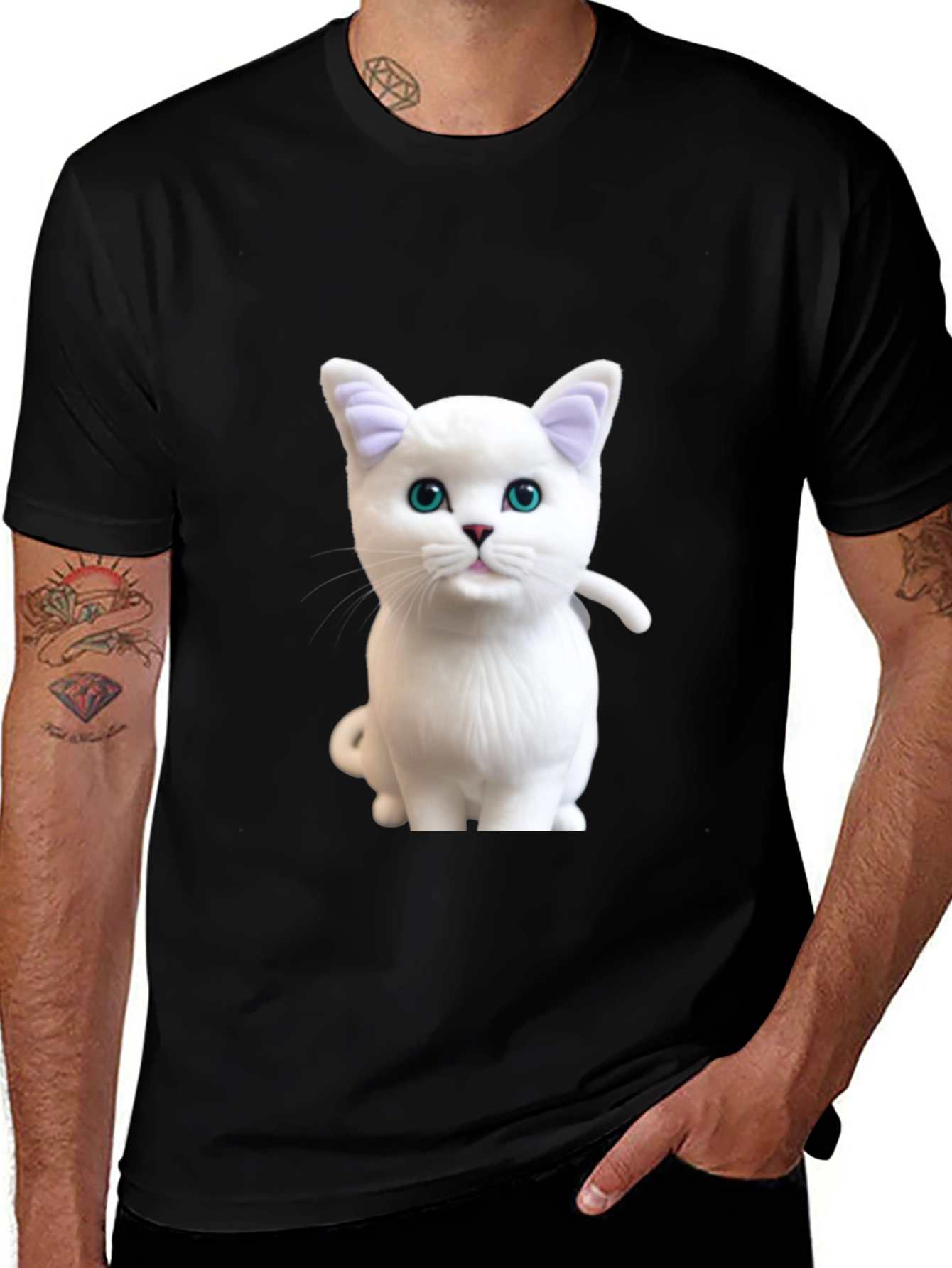 Cute White Cat Graphic Print Black T-Shirt