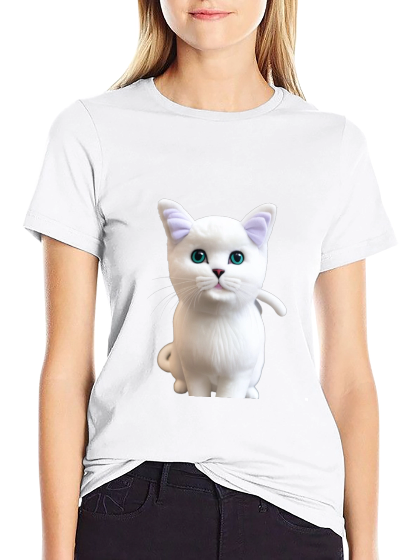 Cute White Cat Graphic Print Black T-Shirt