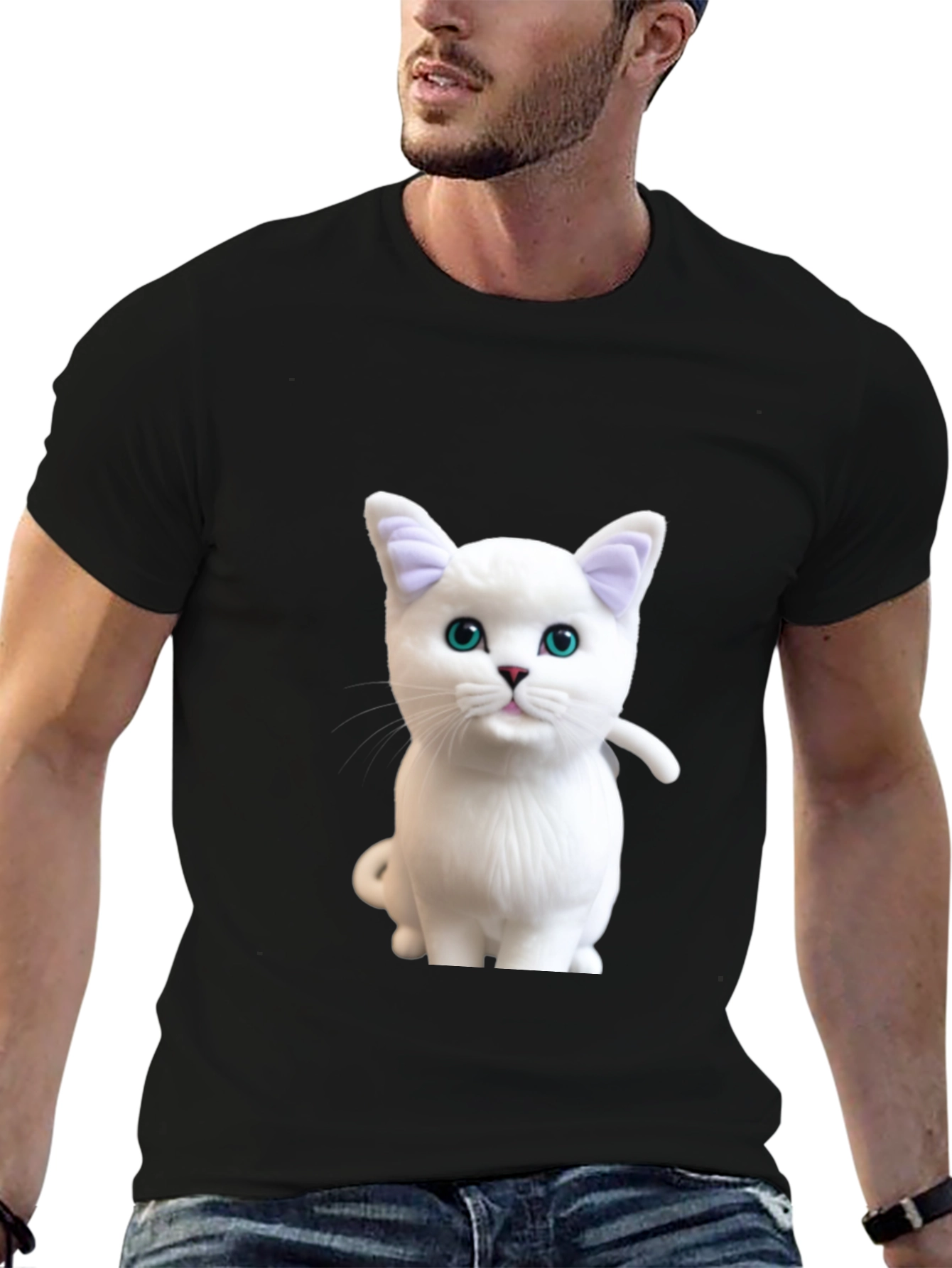 Cute White Cat Graphic Print Black T-Shirt