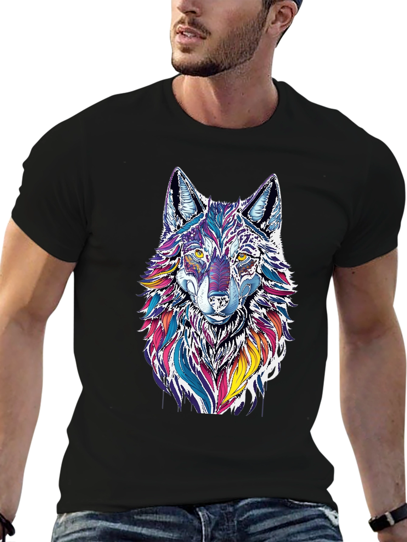 Vibrant Wolf Graphic Black T-Shirt