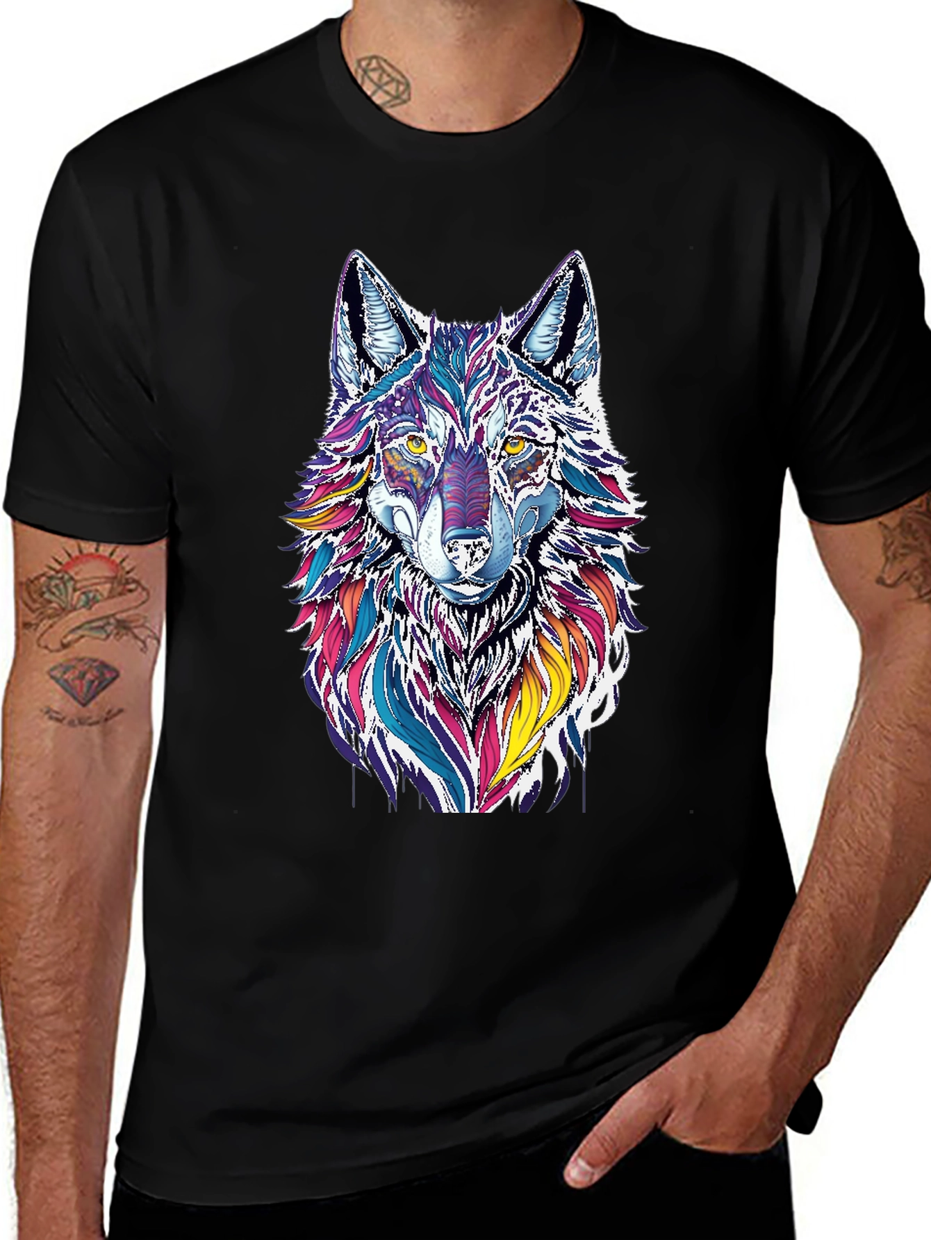 Vibrant Wolf Graphic Black T-Shirt