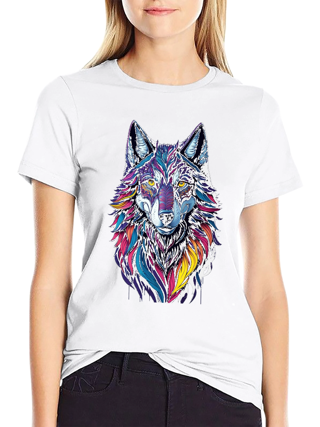 Vibrant Wolf Graphic Black T-Shirt
