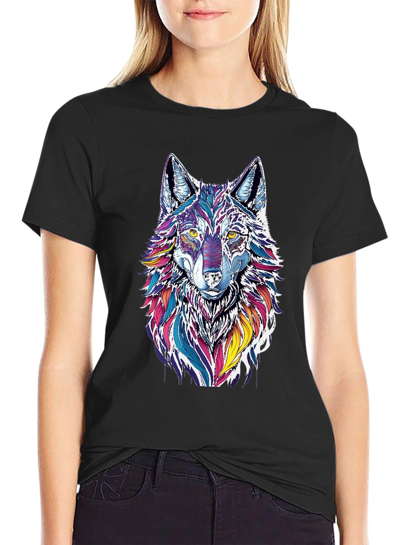 Vibrant Wolf Graphic Black T-Shirt
