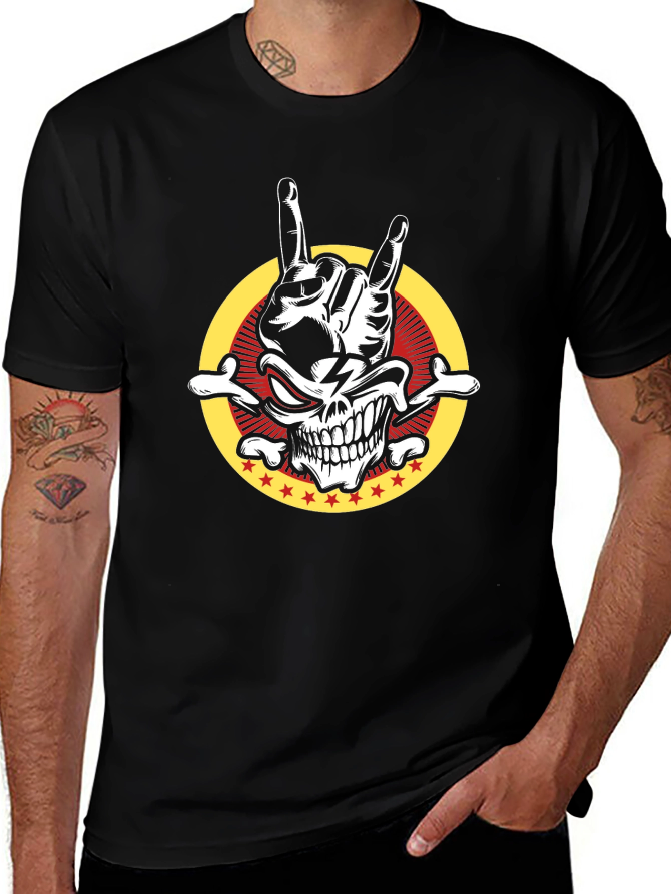 Rock On Skull Graphic Tee - Mens Black T-Shirt