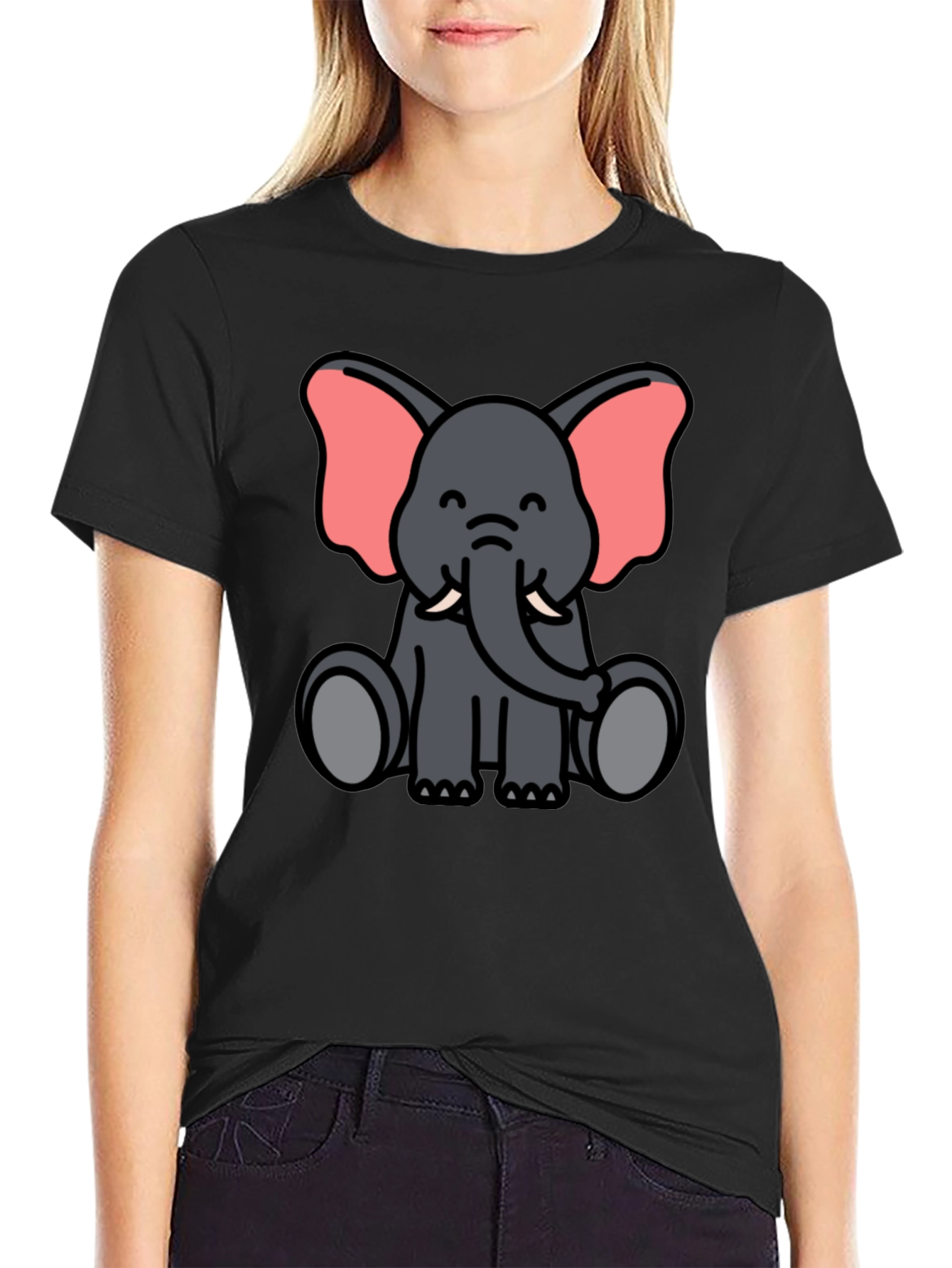 Cute Cartoon Elephant Graphic Tee - Unisex Black T-Shirt