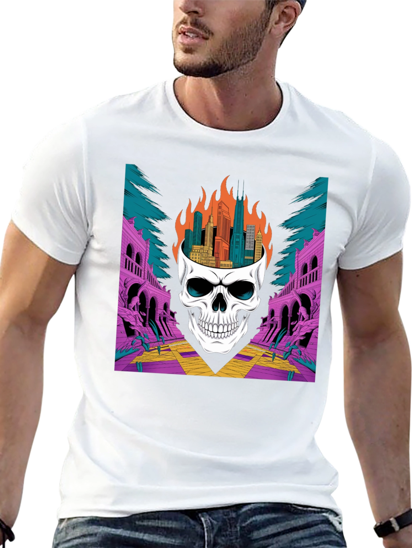 Skull Cityscape Graphic Tee - Edgy Streetwear