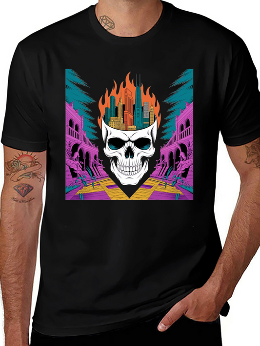 Skull Cityscape Graphic Tee - Edgy Streetwear