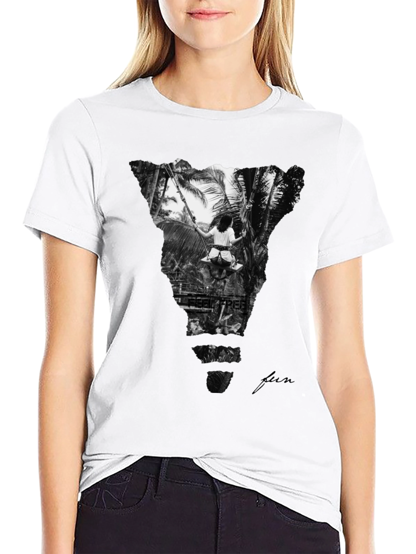 Stylish Black Graphic Tee: Tropical Swing Design