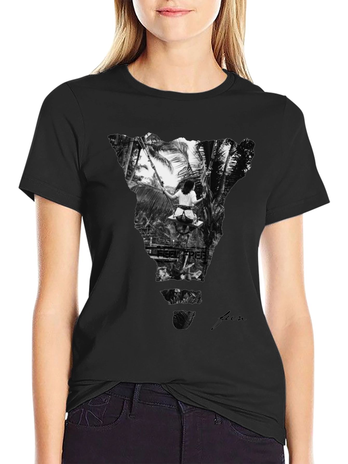 Stylish Black Graphic Tee: Tropical Swing Design