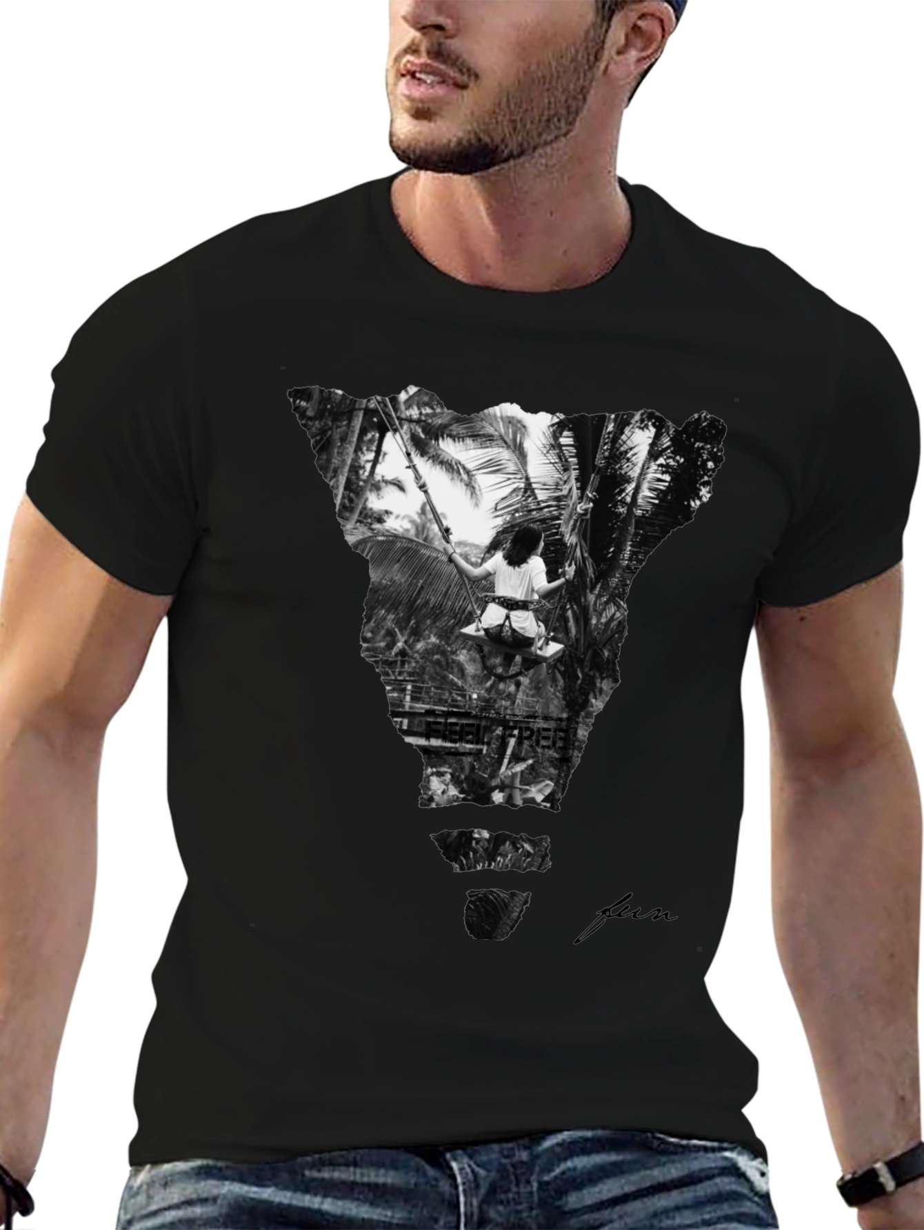 Stylish Black Graphic Tee: Tropical Swing Design
