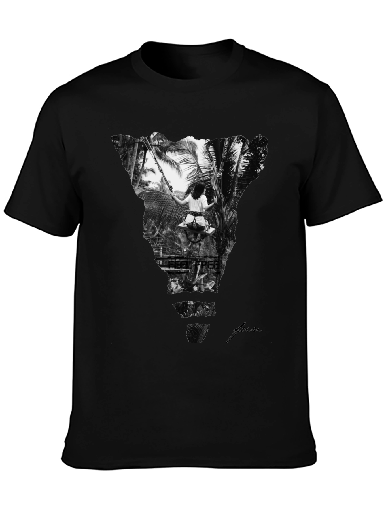 Stylish Black Graphic Tee: Tropical Swing Design