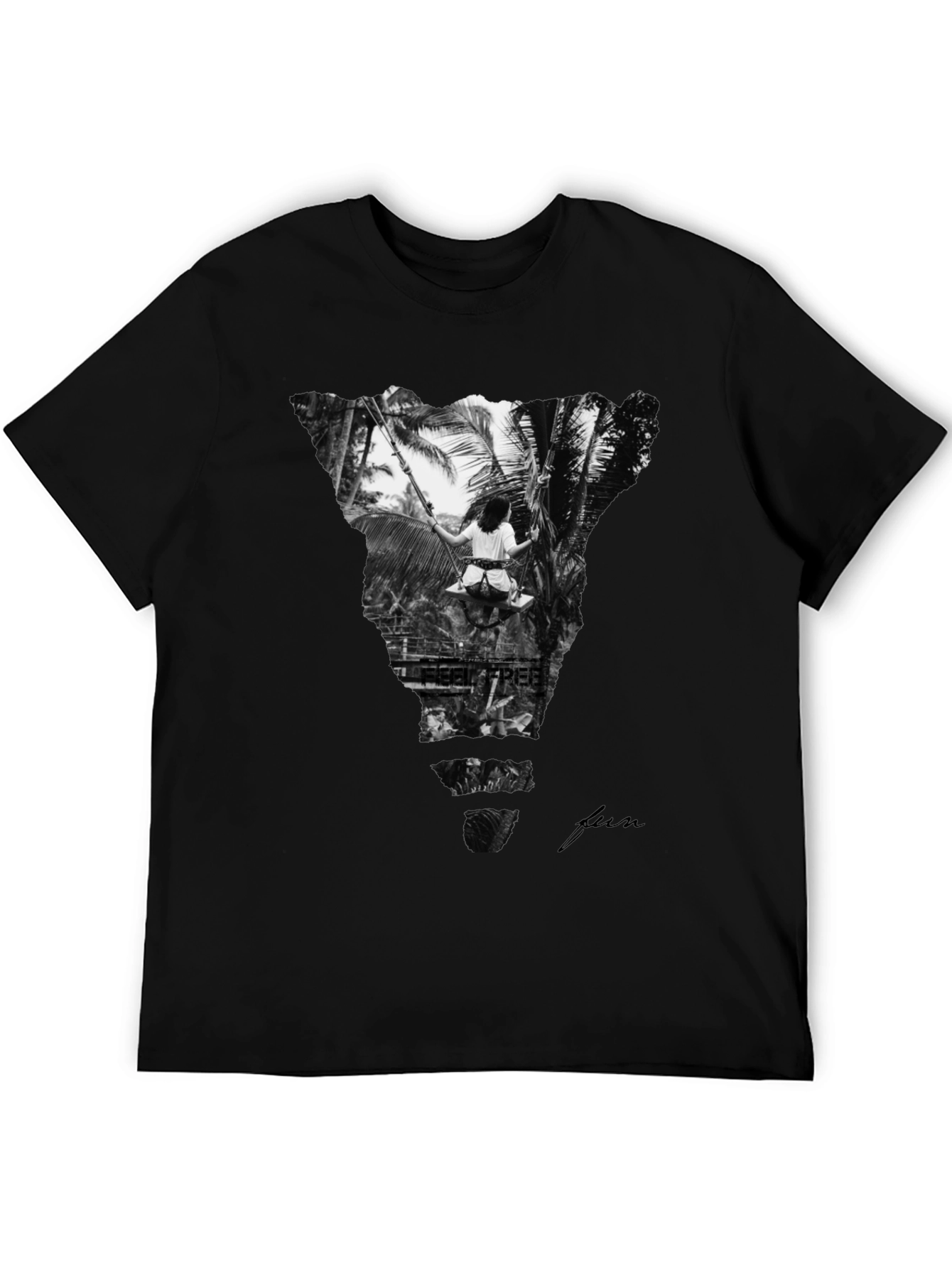 Stylish Black Graphic Tee: Tropical Swing Design