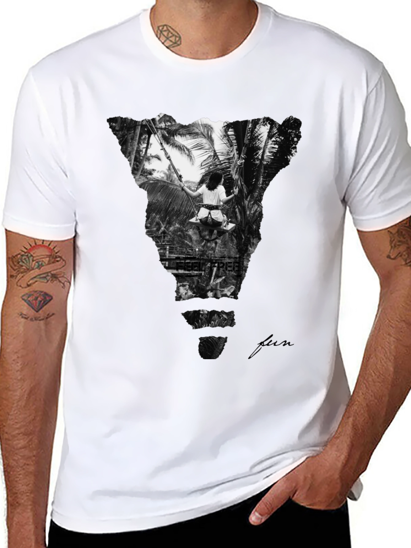 Stylish Black Graphic Tee: Tropical Swing Design