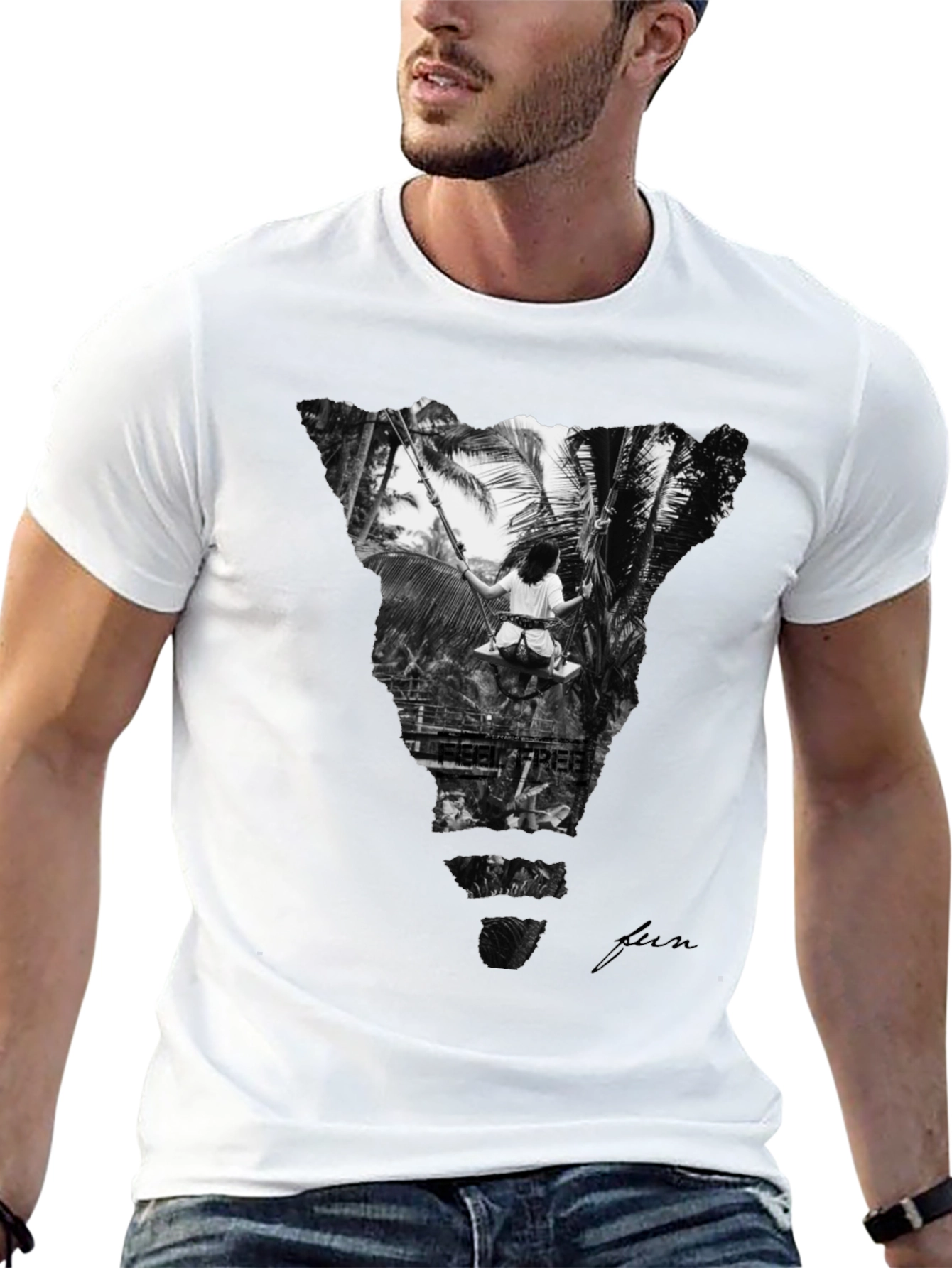 Stylish Black Graphic Tee: Tropical Swing Design