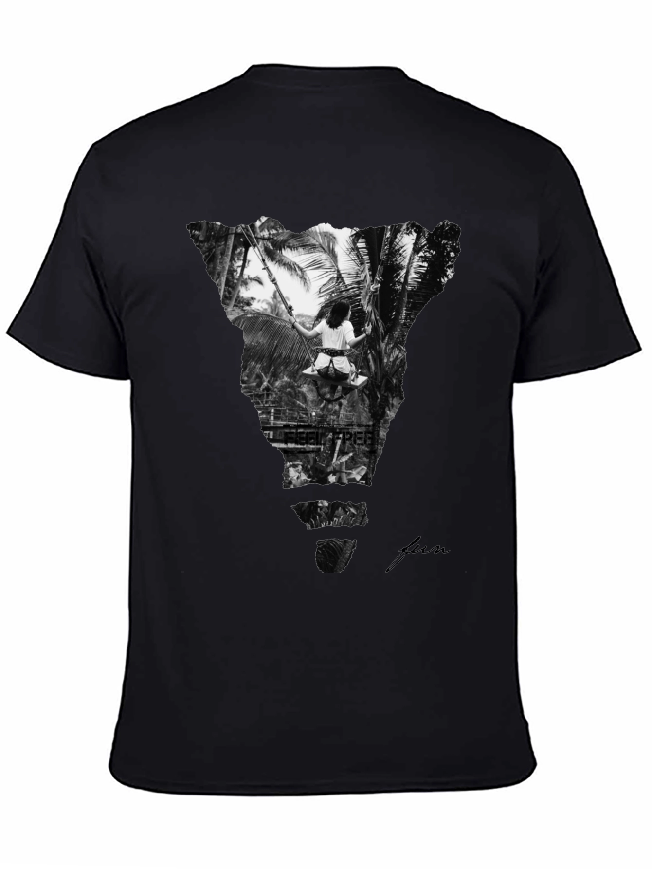 Stylish Black Graphic Tee: Tropical Swing Design
