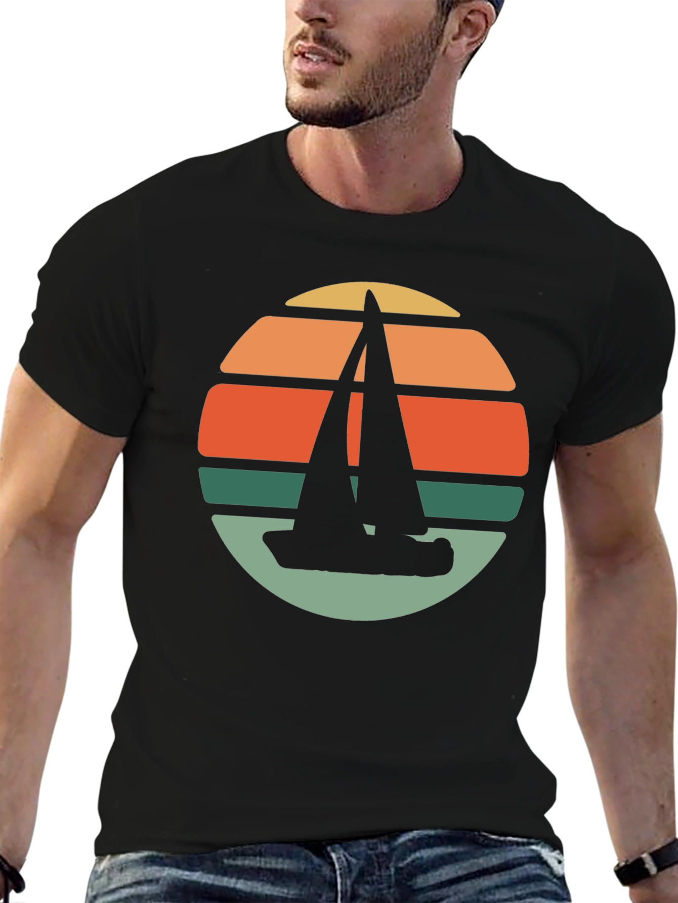 Retro Sunset Sailboat T-Shirt - Black