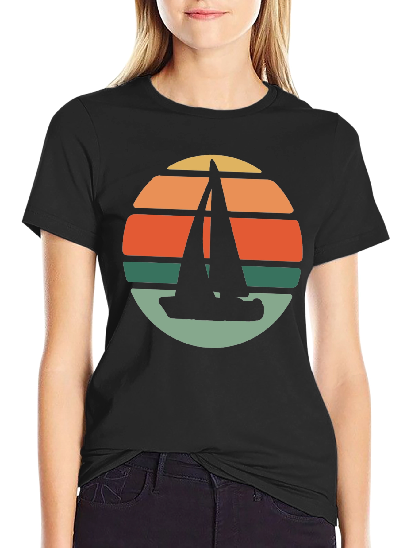 Retro Sunset Sailboat T-Shirt - Black