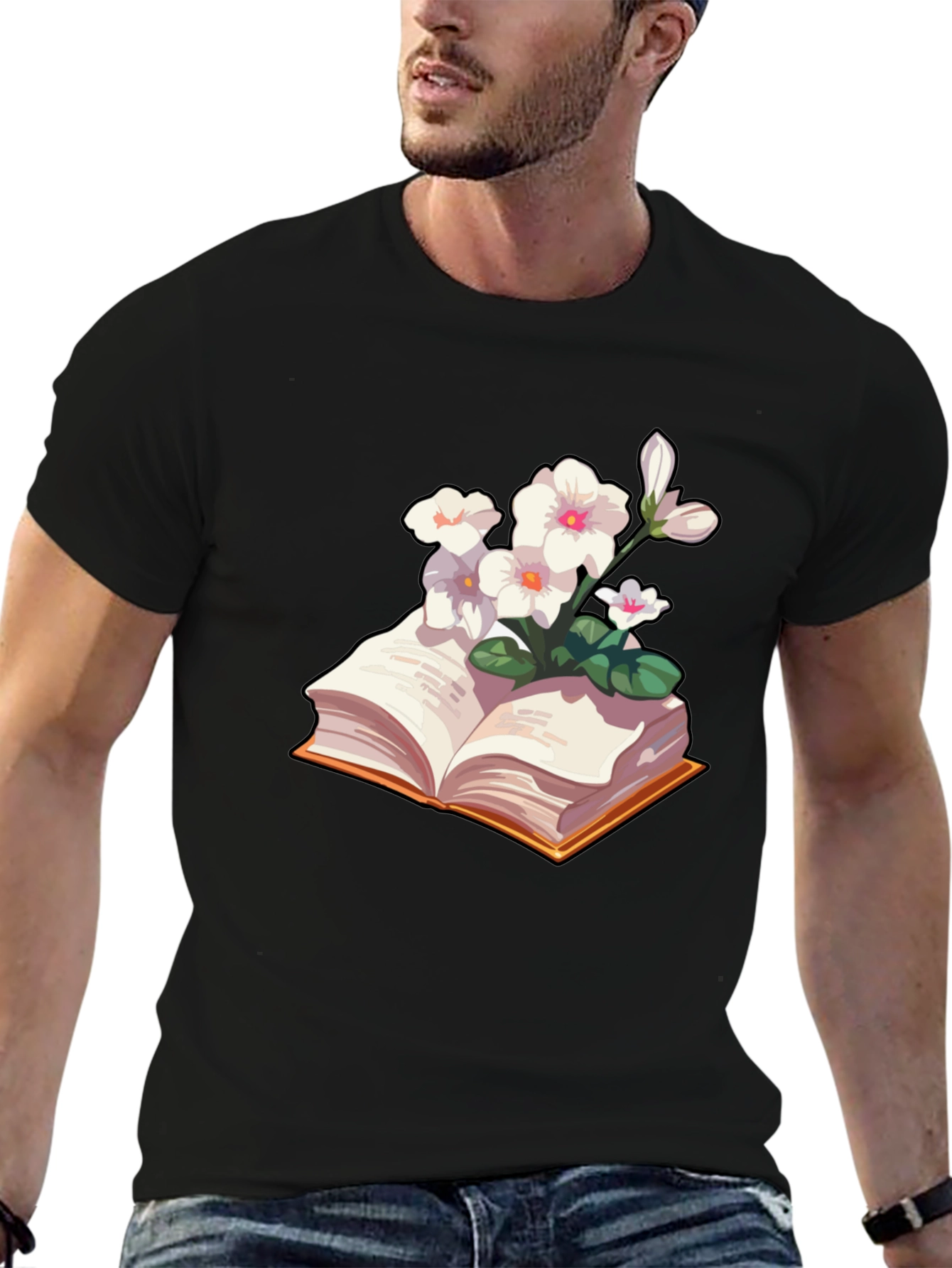 Floral Bookworm T-Shirt - Black Cotton Blend