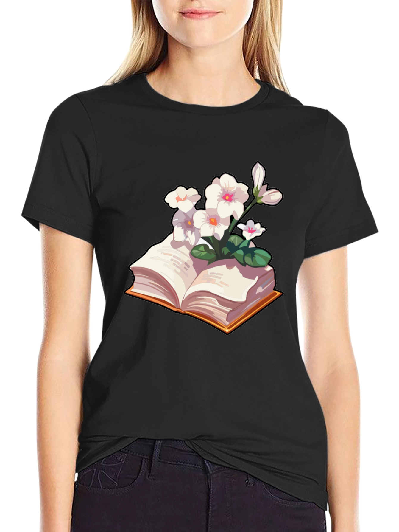 Floral Bookworm T-Shirt - Black Cotton Blend