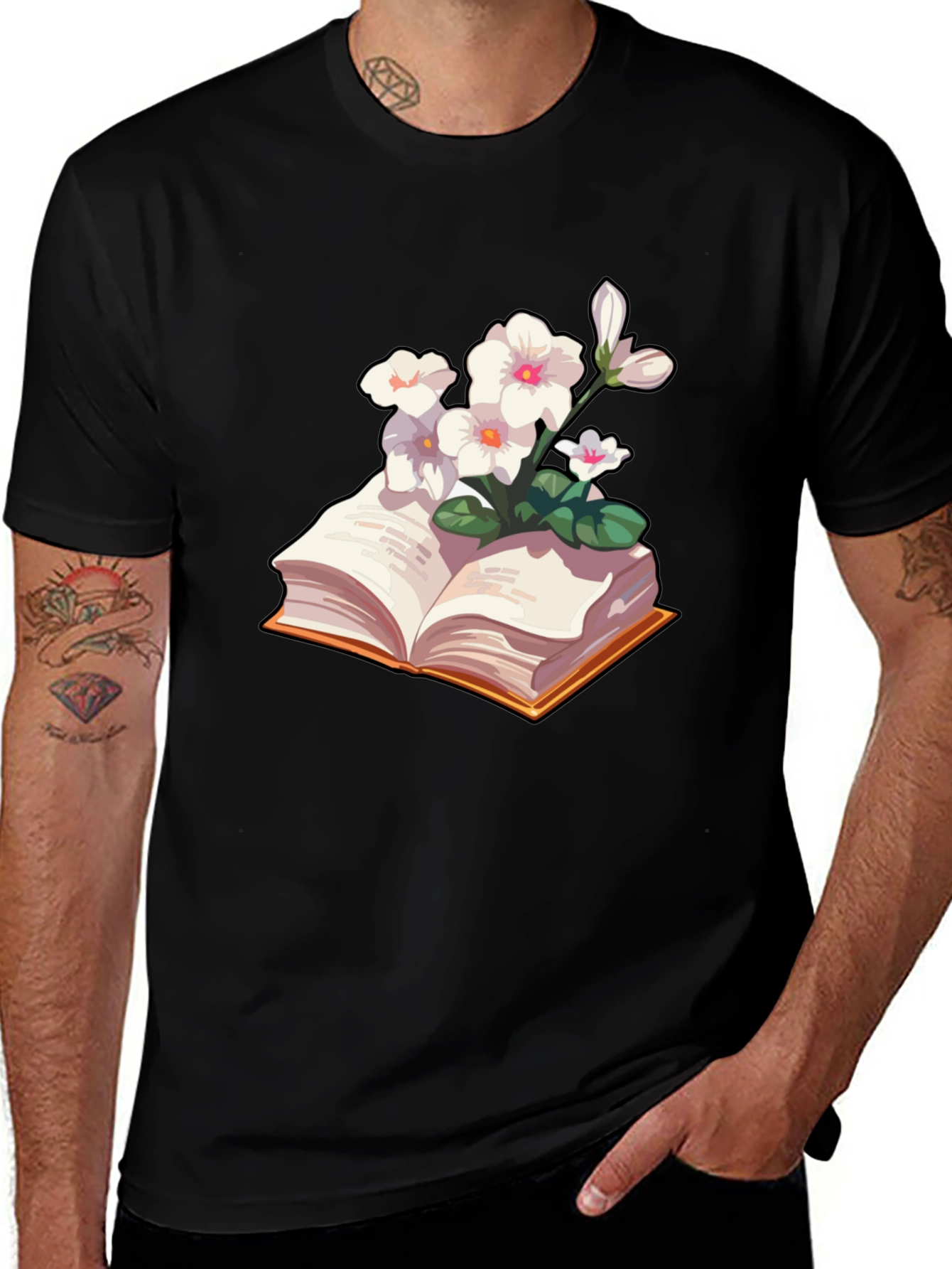 Floral Bookworm T-Shirt - Black Cotton Blend