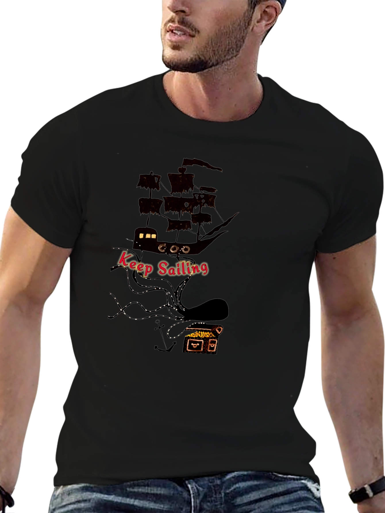 Keep Sailing Mens Black Graphic T-Shirt