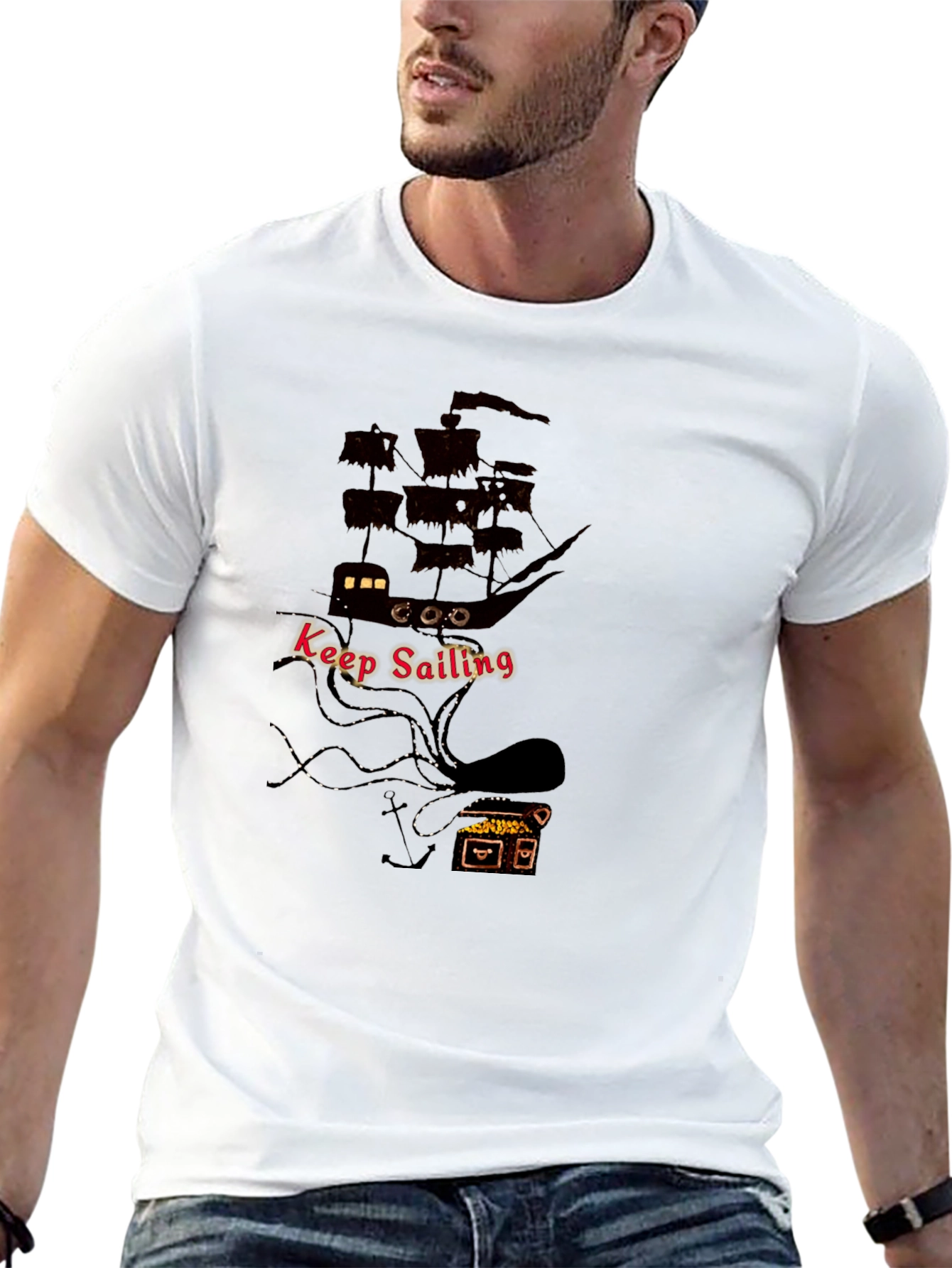 Keep Sailing Mens Black Graphic T-Shirt