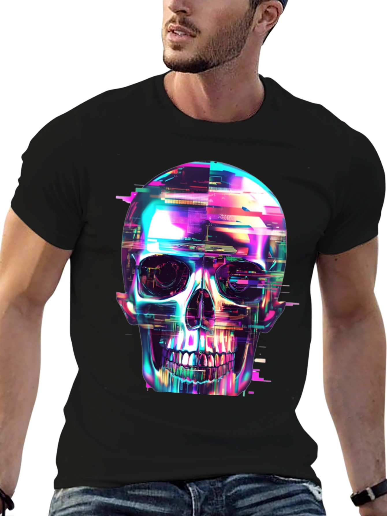 Cyberpunk Skull Graphic Tee - Black Cotton T-Shirt