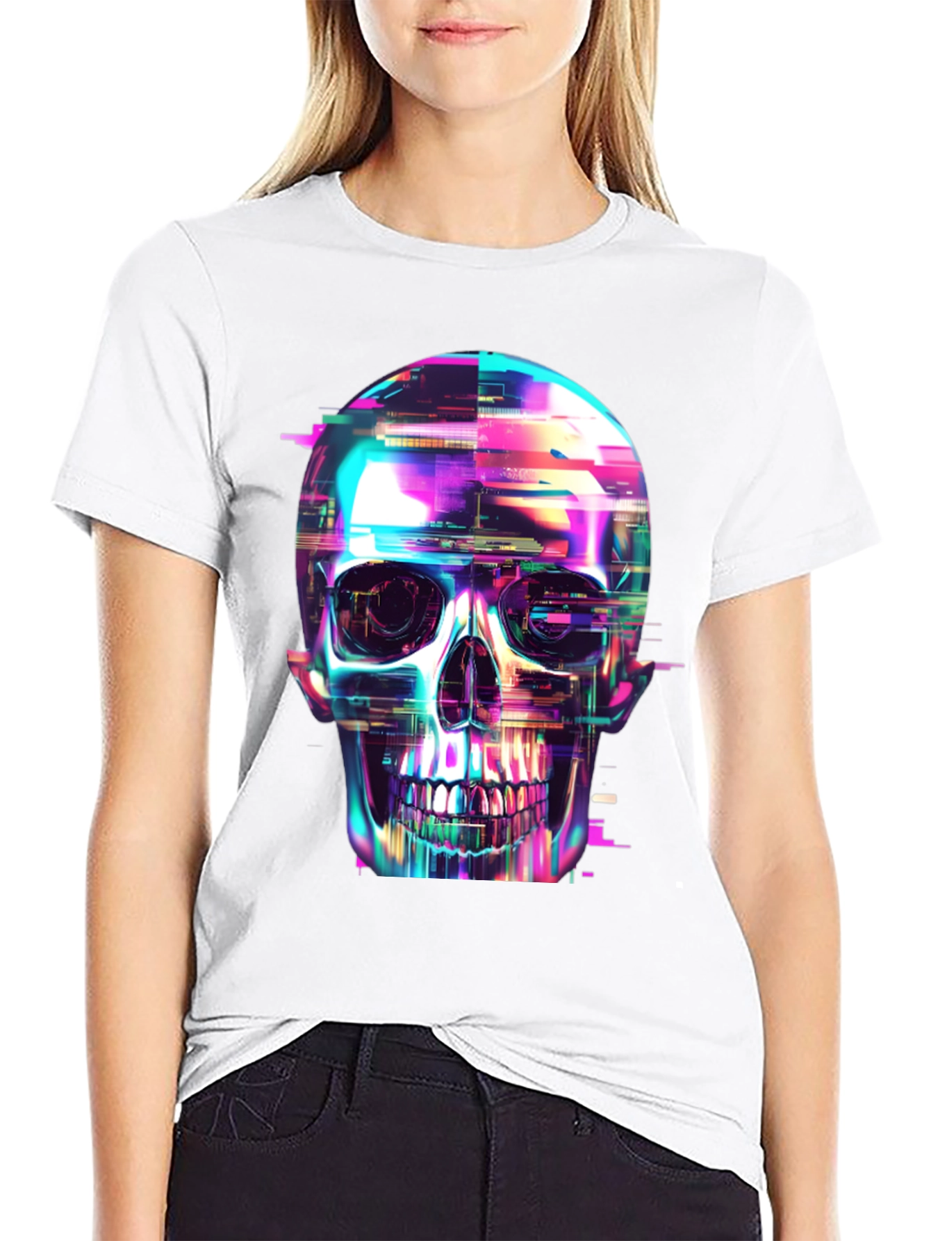 Cyberpunk Skull Graphic Tee - Black Cotton T-Shirt