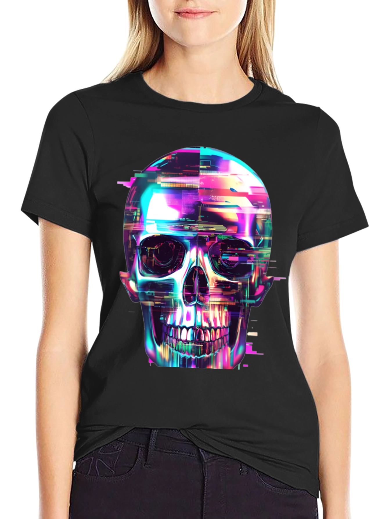 Cyberpunk Skull Graphic Tee - Black Cotton T-Shirt