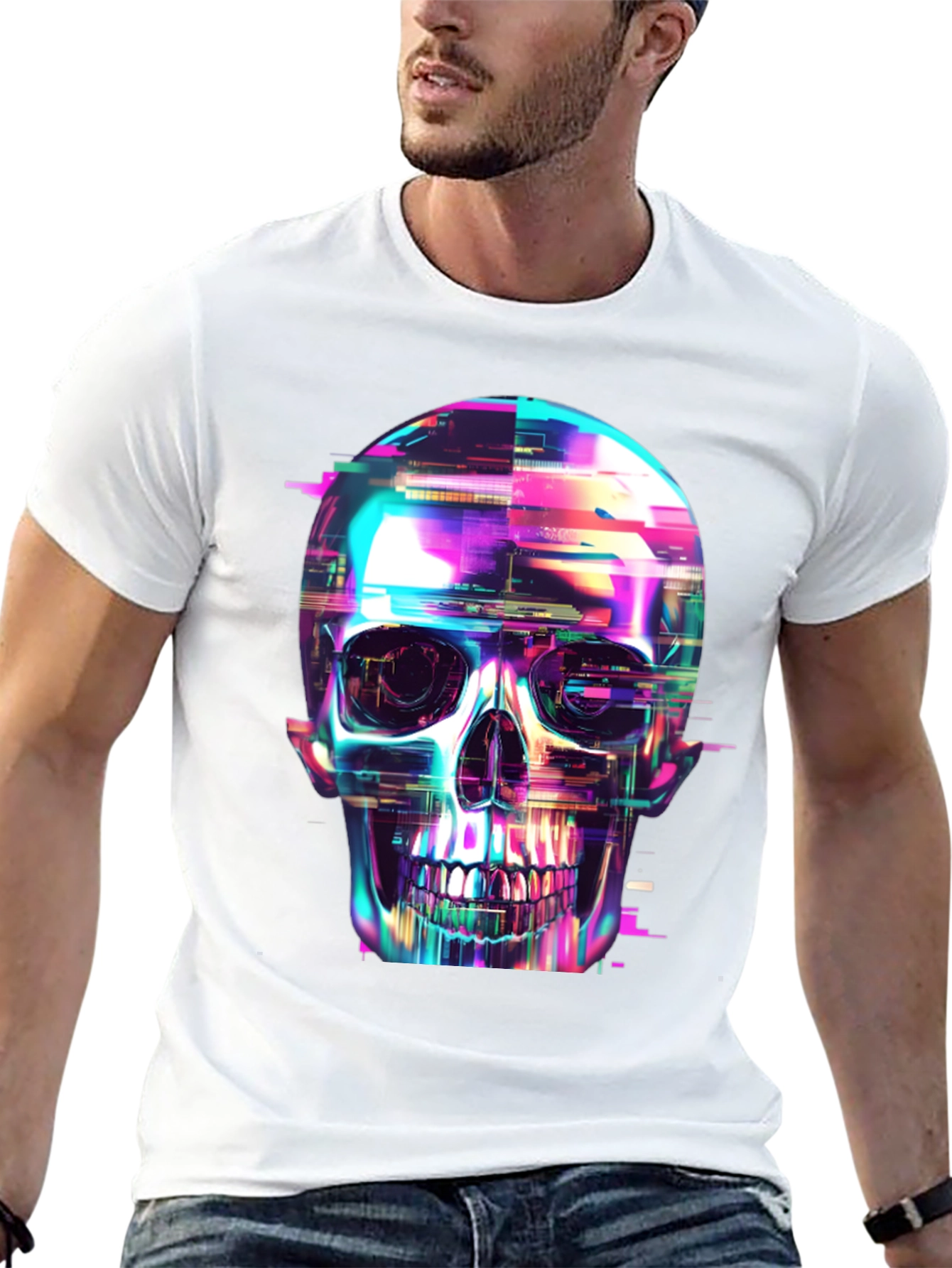 Cyberpunk Skull Graphic Tee - Black Cotton T-Shirt