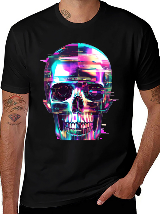 Cyberpunk Skull Graphic Tee - Black Cotton T-Shirt