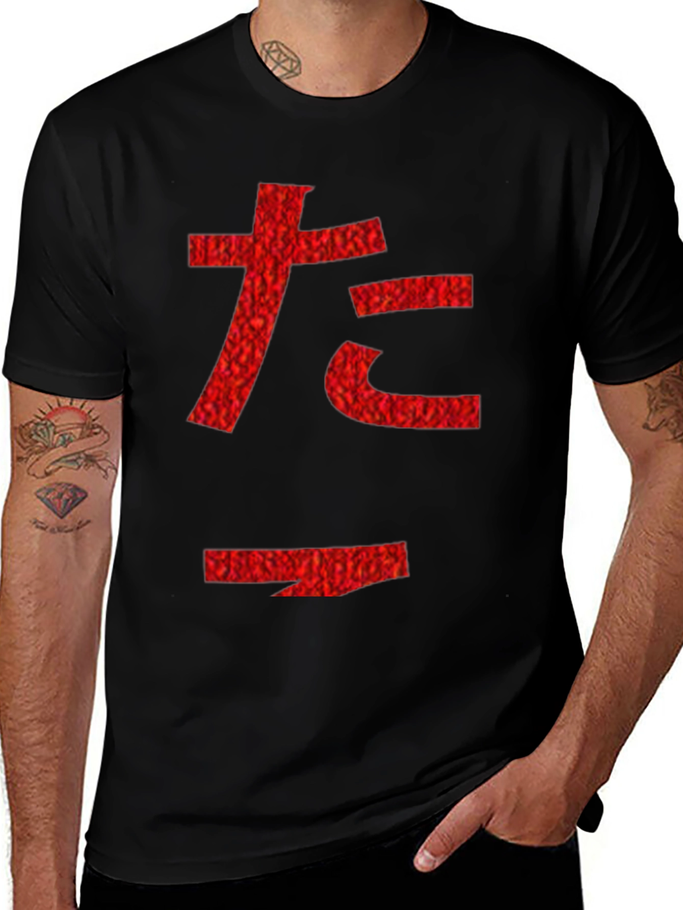 Red Japanese Character Graphic Black T-Shirt