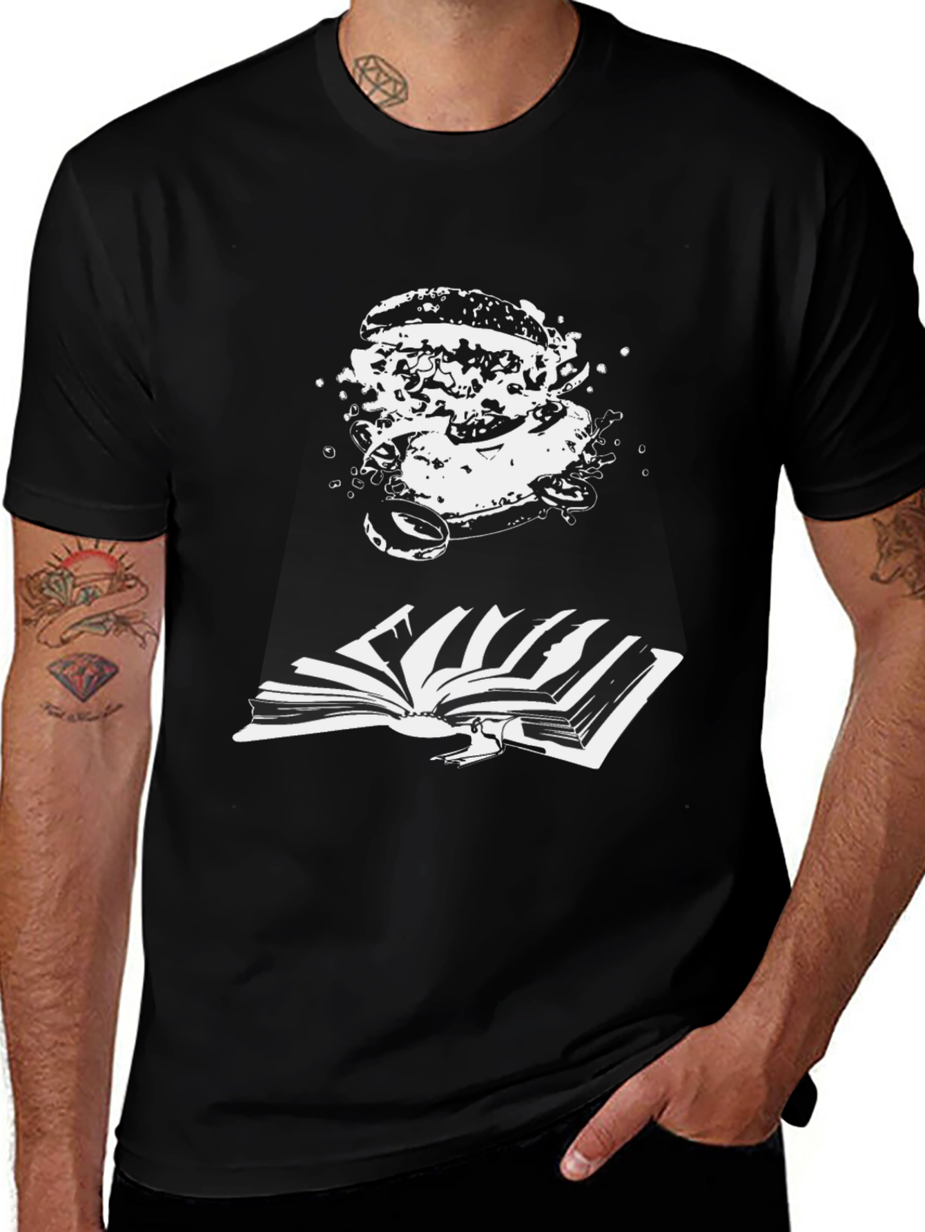 Black Graphic Tee - Burger & Book Design
