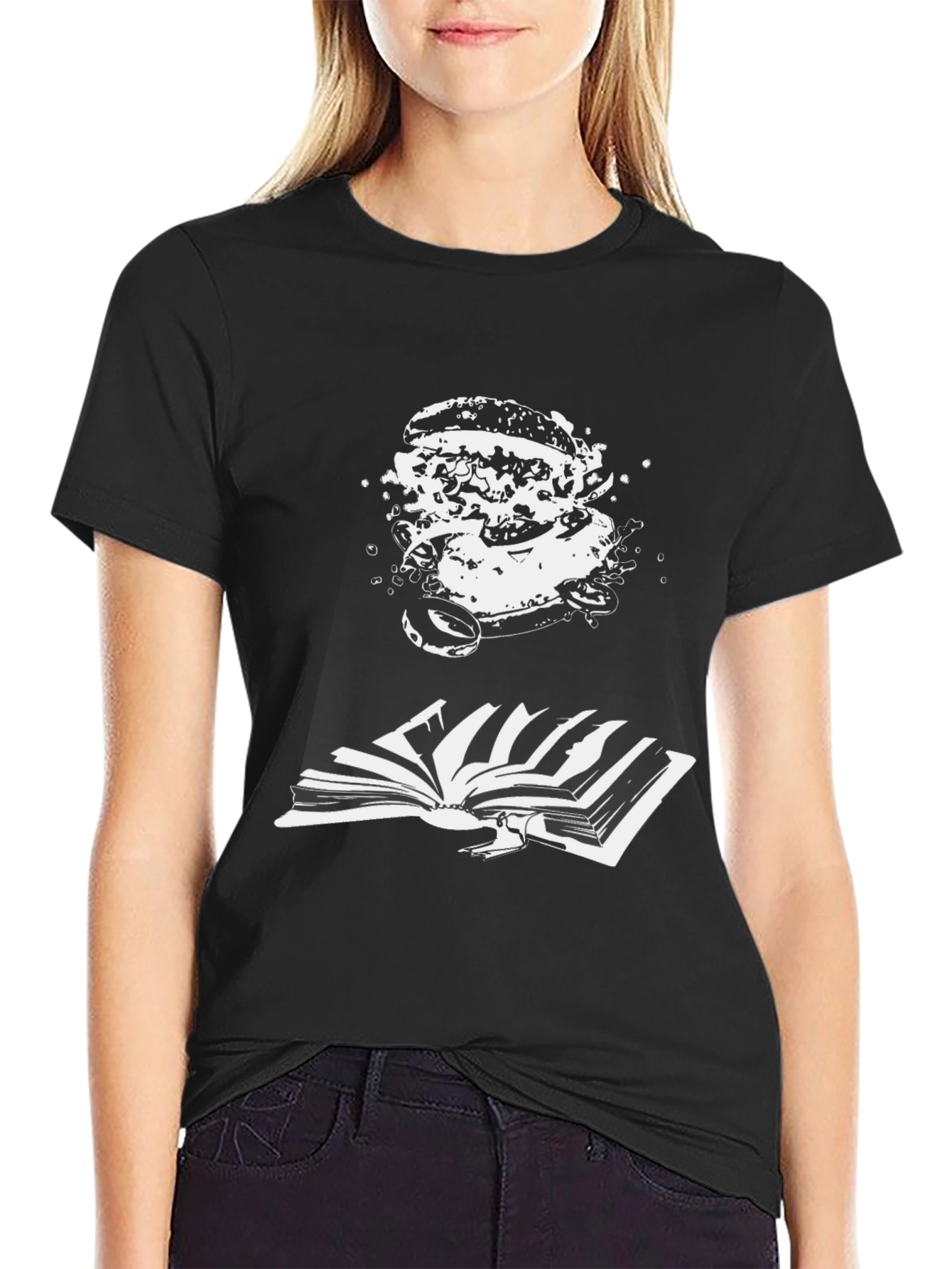 Black Graphic Tee - Burger & Book Design