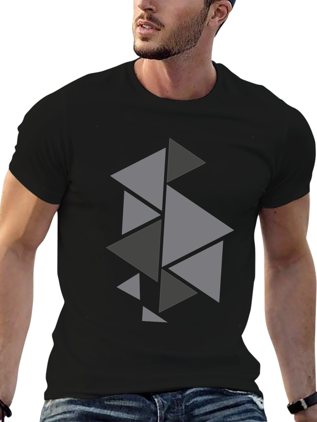 Geometric Triangle Pattern Black T-Shirt