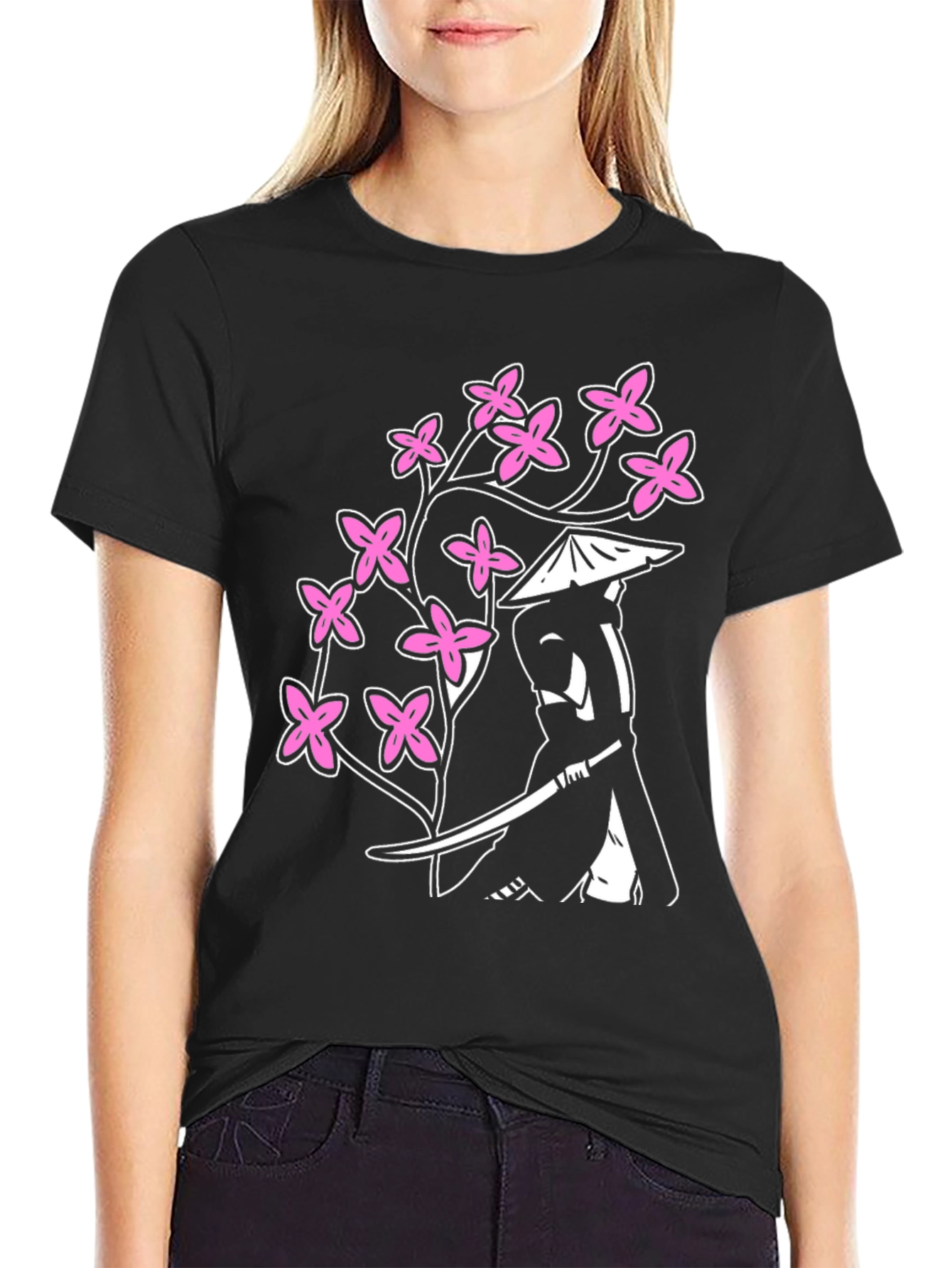 Samurai Cherry Blossom Graphic Tee - Black