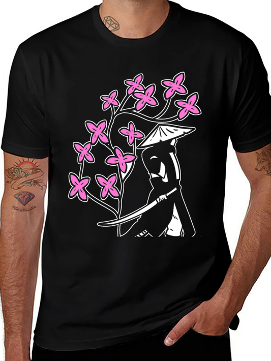 Samurai Cherry Blossom Graphic Tee - Black