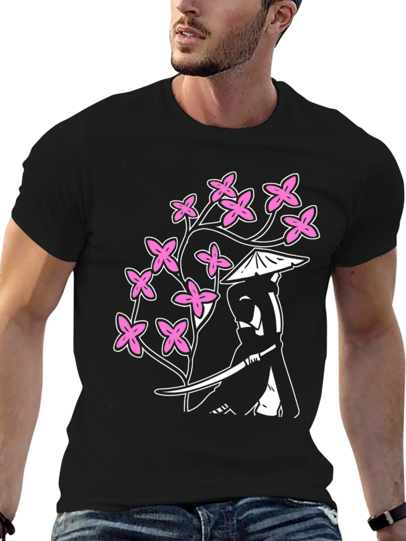 Samurai Cherry Blossom Graphic Tee - Black