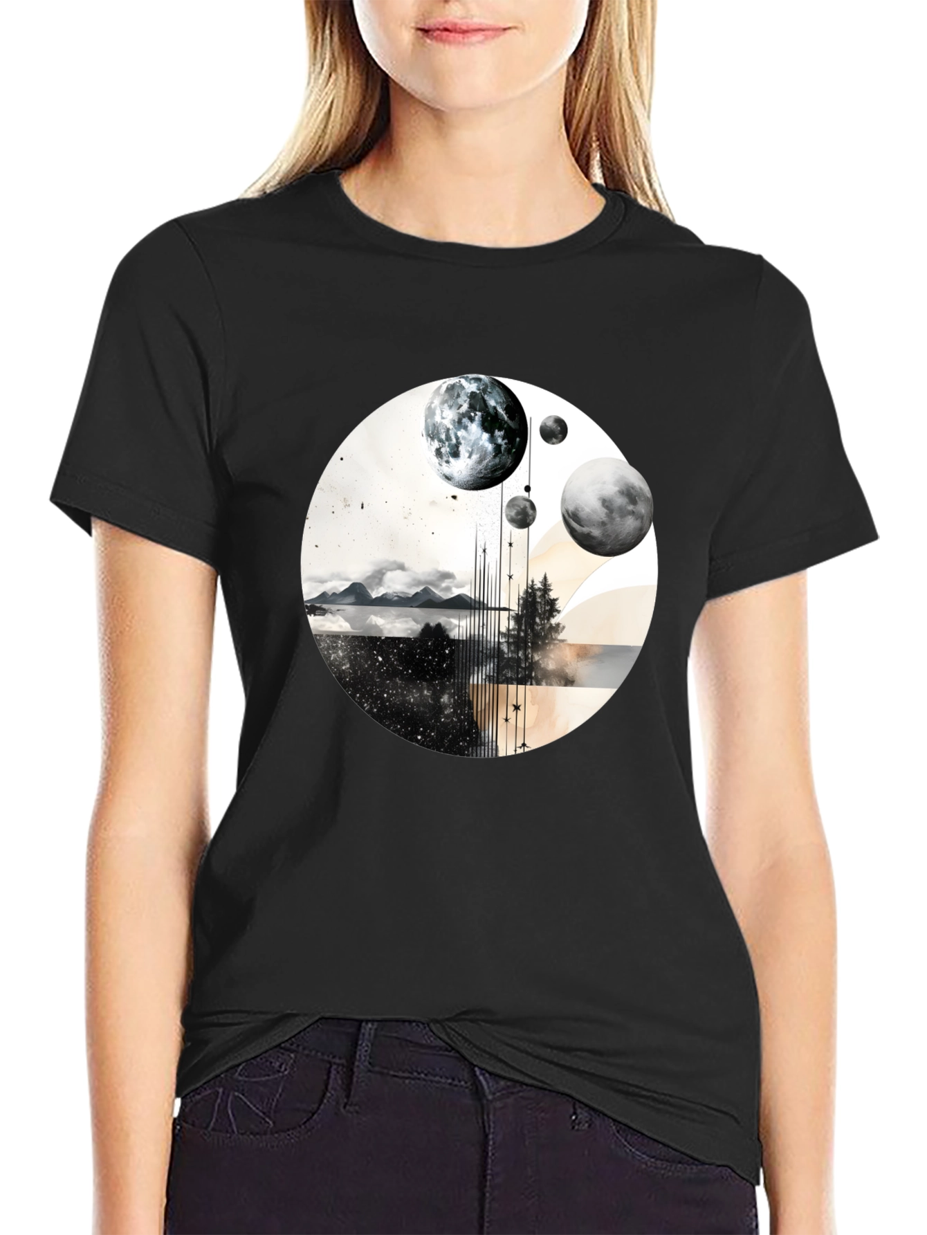 Abstract Planets Graphic Tee - Stylish Black T-Shirt