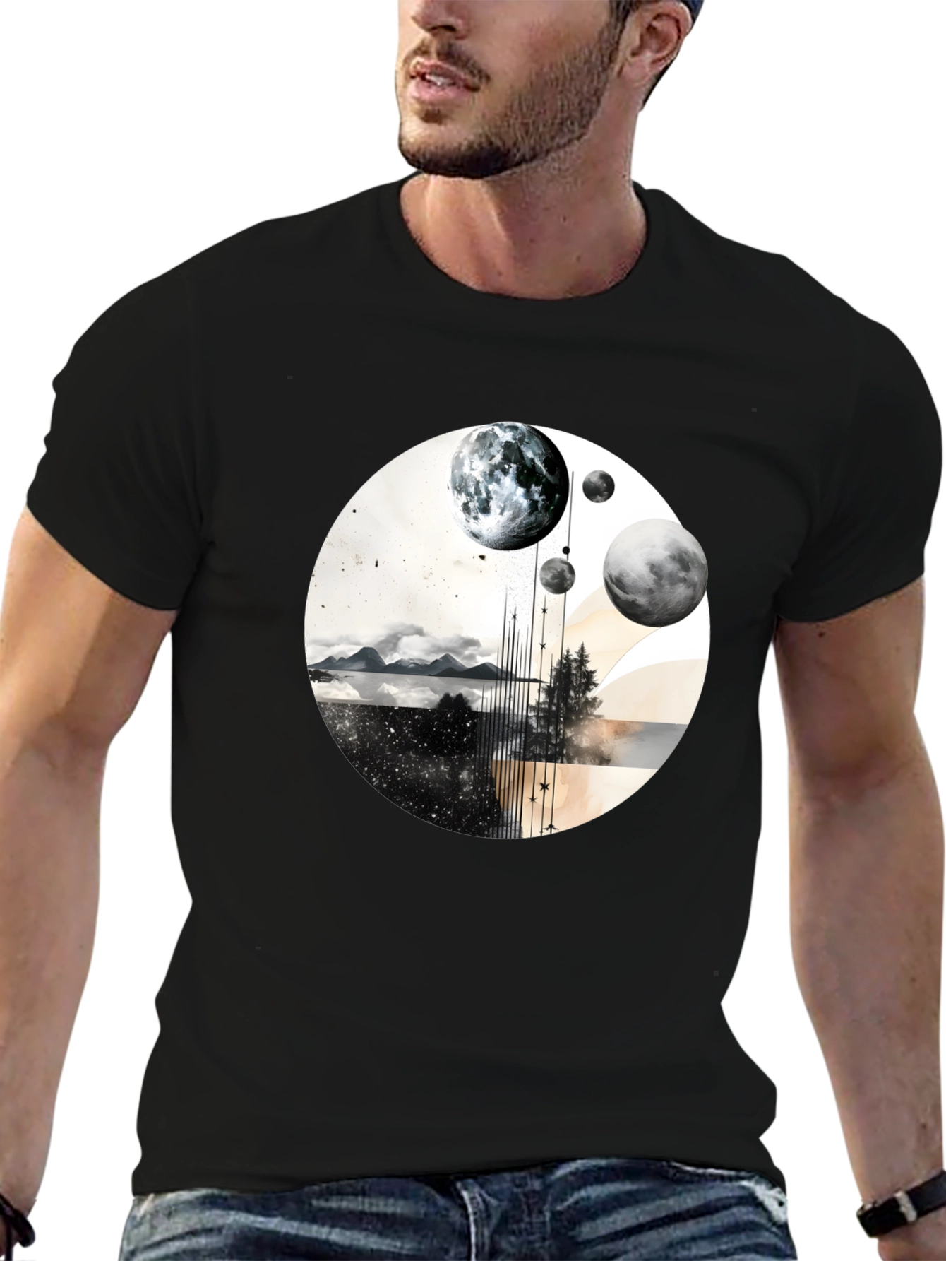 Abstract Planets Graphic Tee - Stylish Black T-Shirt