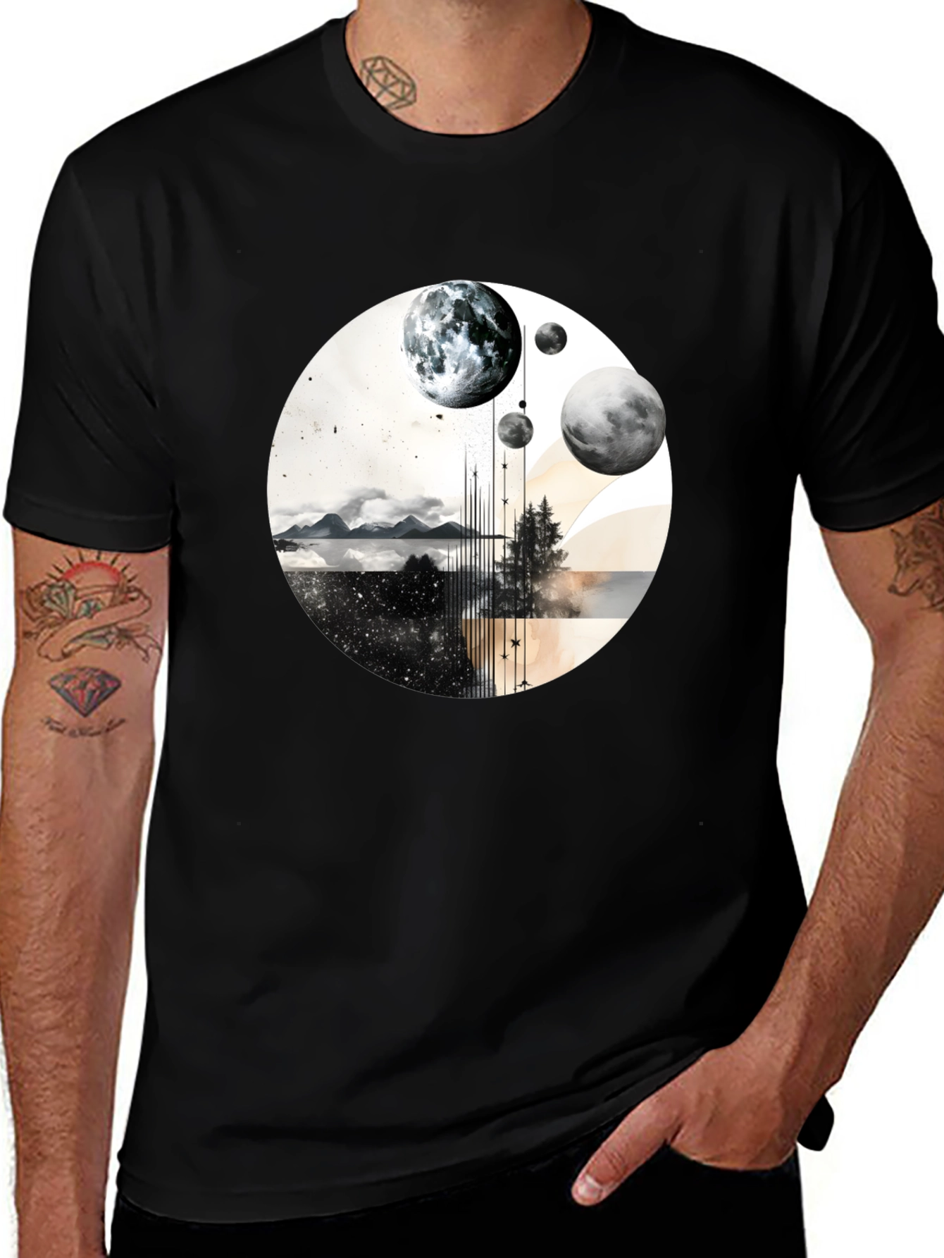 Abstract Planets Graphic Tee - Stylish Black T-Shirt