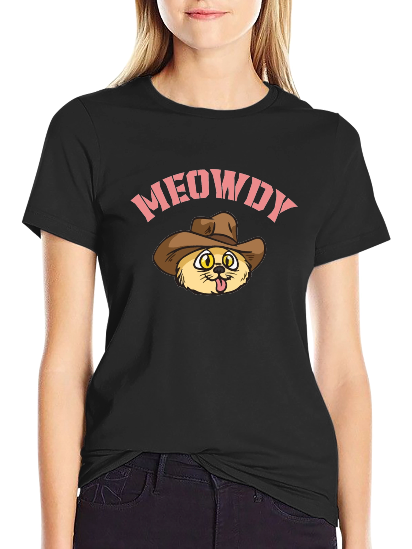 Meowdy Cat Cowboy Graphic Tee - Black