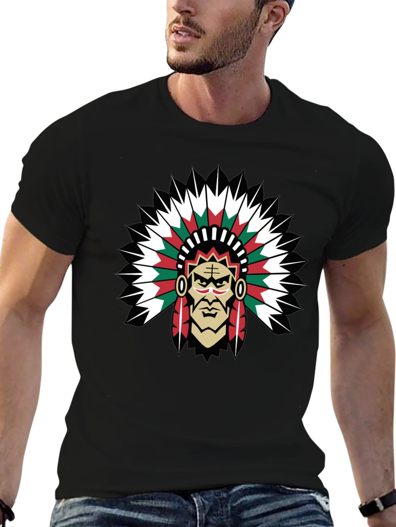 Native American Chief Graphic Tee - Bold Black T-Shirt