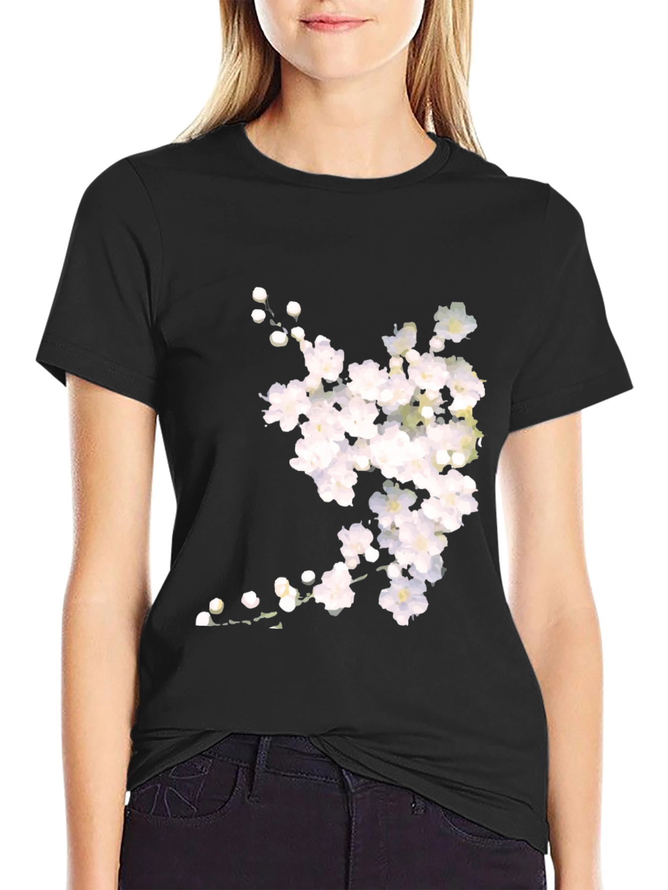 Floral Print Black Crew Neck T-Shirt