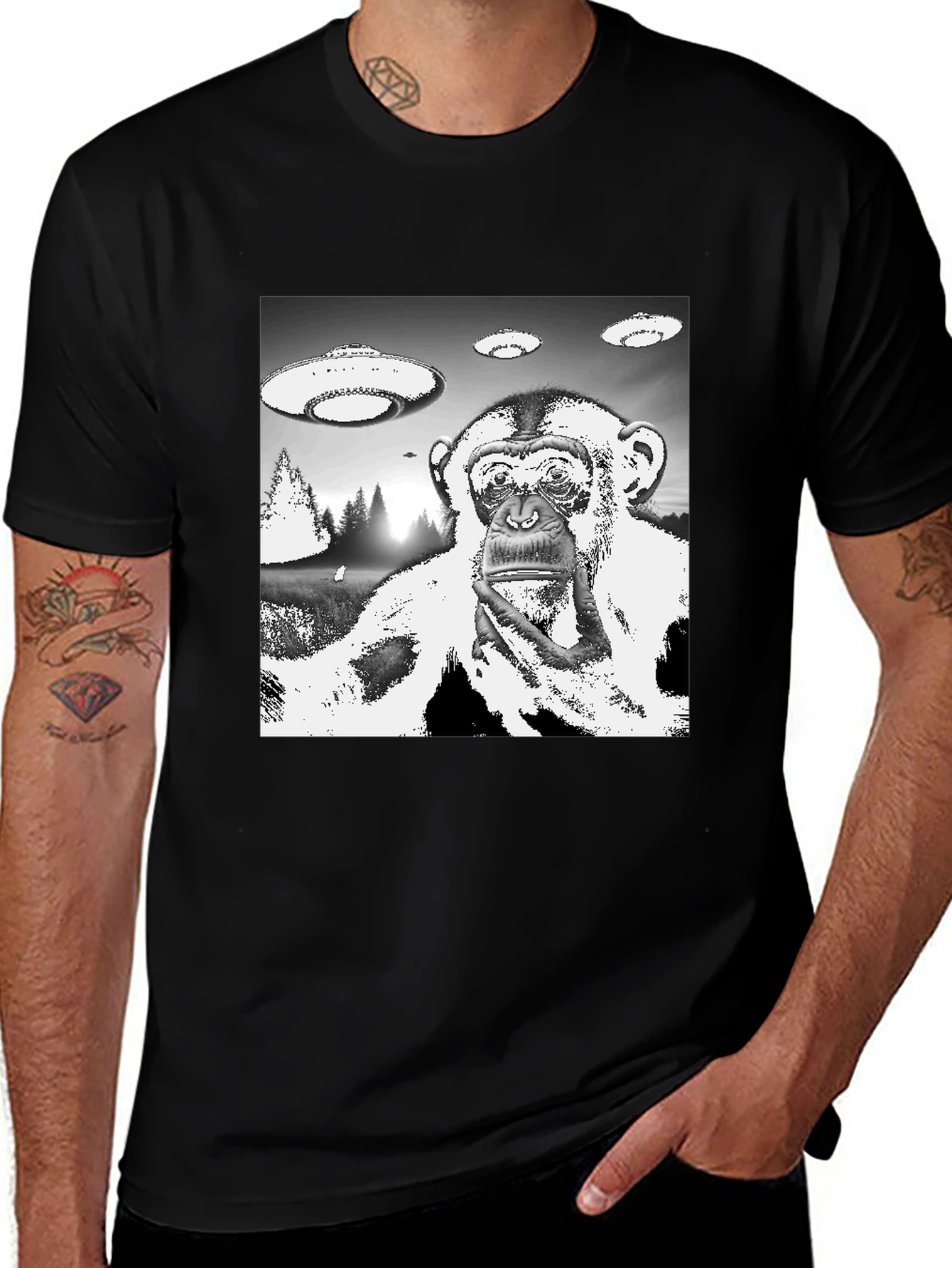 UFO Monkey Graphic Tee - Black Cotton T-Shirt