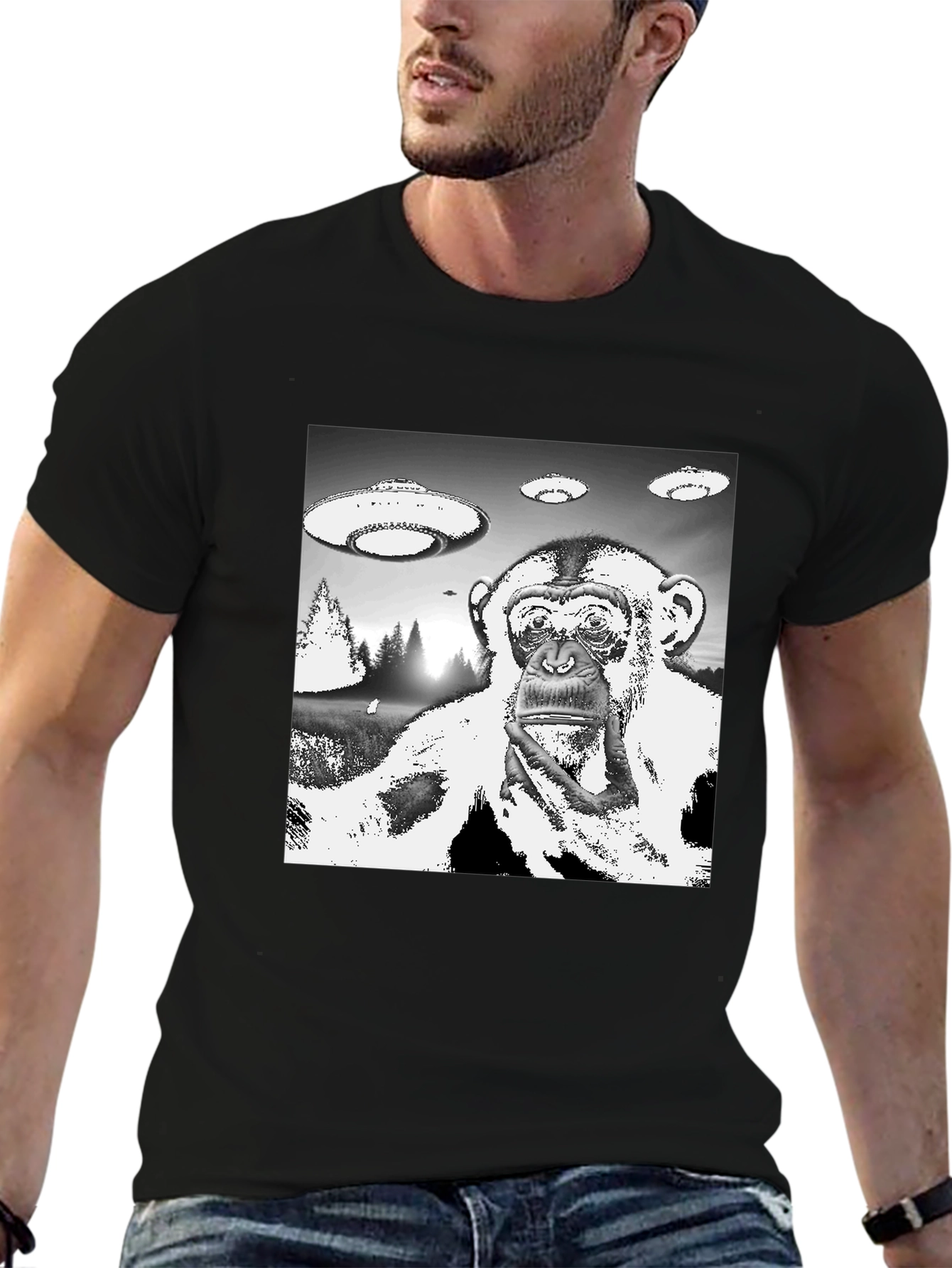 UFO Monkey Graphic Tee - Black Cotton T-Shirt