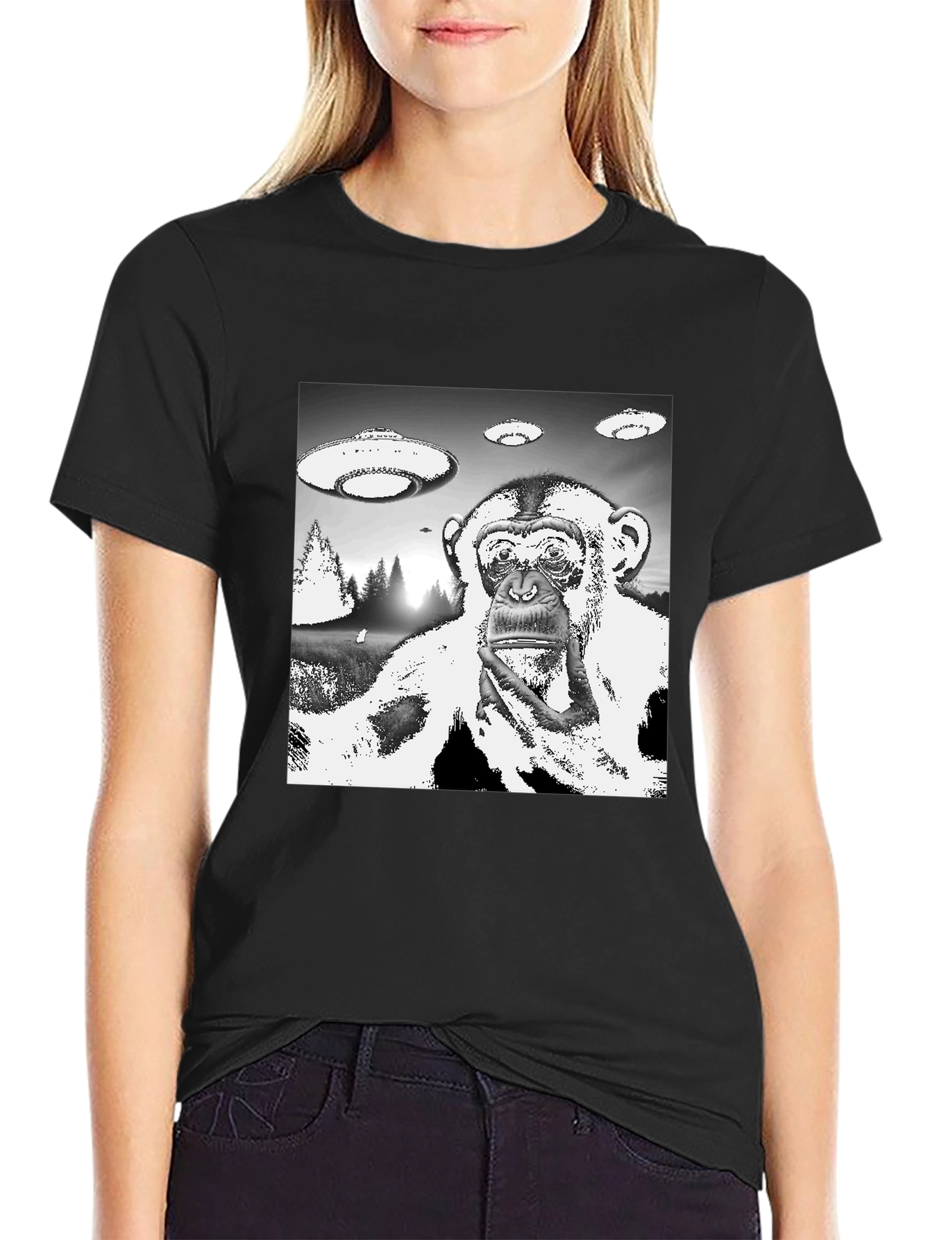 UFO Monkey Graphic Tee - Black Cotton T-Shirt