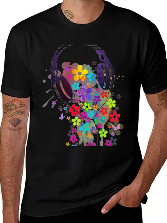 Floral Headphones Mens Graphic Tee